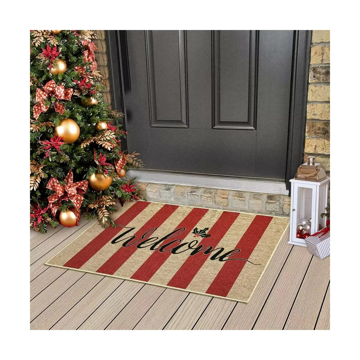 Christmas Stripe Door Mat Non Slip Welcome Mats Stain Resistant Holiday Decor Rug