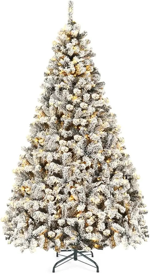 Pre-Lit Artificial Christmas Tree, Premium PVC Snow Flocked Hinged Pine Tree with Metal Stand and LED Lights