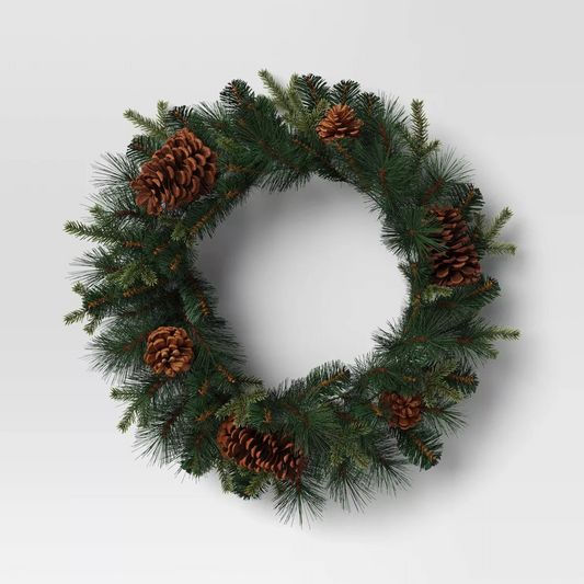 24" Mixed Greenery with Pinecones Artificial Christmas Wreath Green