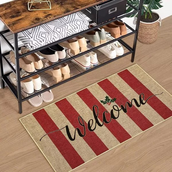 Christmas Stripe Door Mat Non Slip Welcome Mats Stain Resistant Holiday Decor Rug